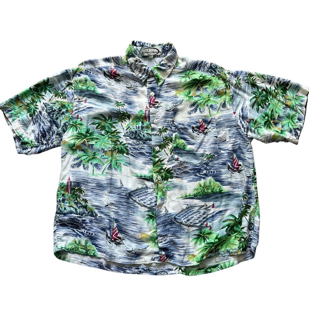 Vintage New Millennium Men’s Hawaiian Shirt Large Tropical Island Sailboat Print